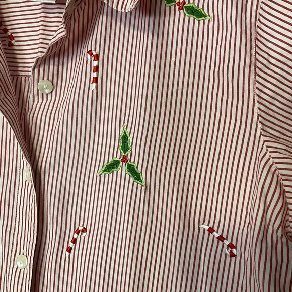 QUACKER FACTORY sz X Large Blouse Button Front Christmas Pinstripe Candy Canes - Picture 7 of 7